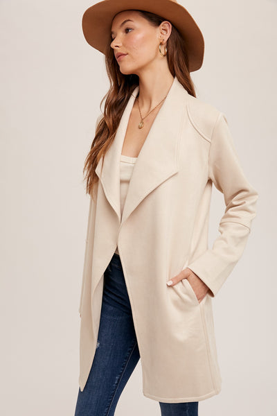 Drape Front Shawl Collar Suede Coat with Pockets