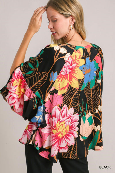 Satin Floral Print Blouse with 3/4 Sleeve