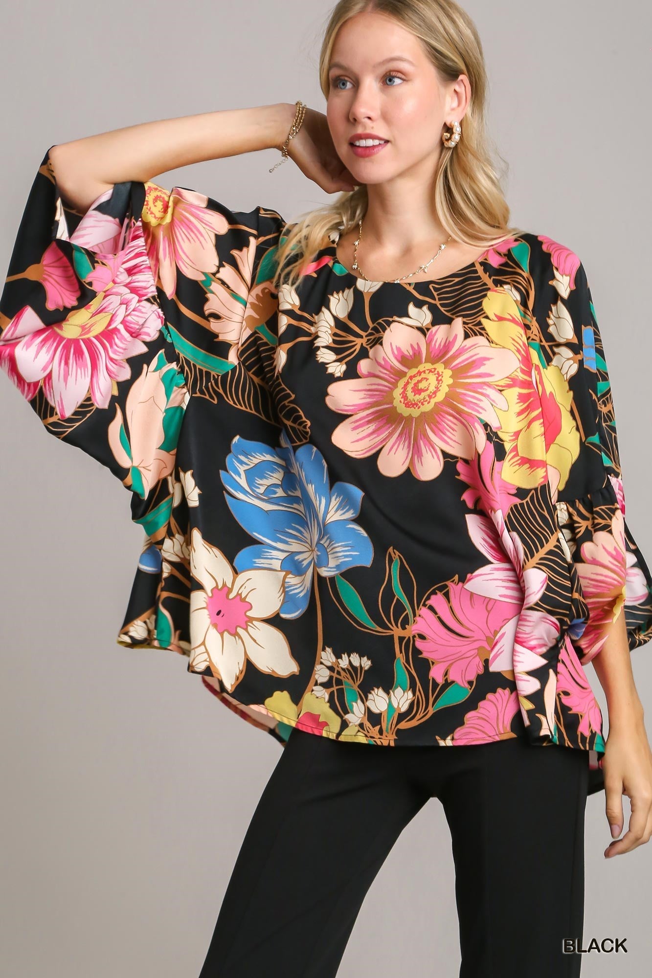 Satin Floral Print Blouse with 3/4 Sleeve