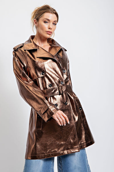 Metallic Faux Leather Trench Coat