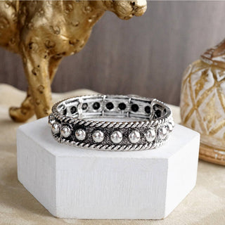Western Whimsy – Worn Silver Tone Bubble Stretchy Bangle