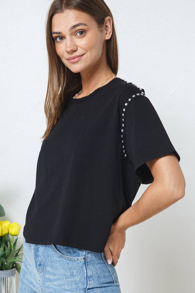 Cotton Studded Short Sleeve Crop Tee