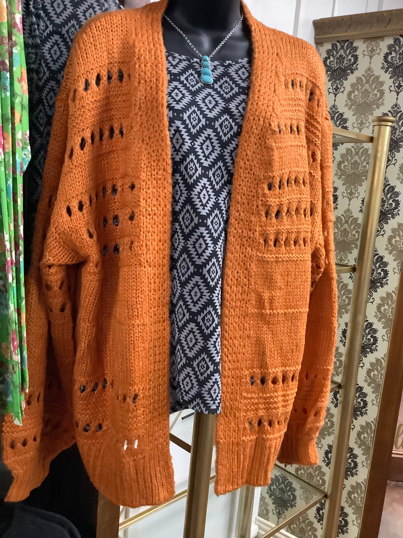 Open Front Balloon Sleeves Knitted Crochet Rust Cardigan