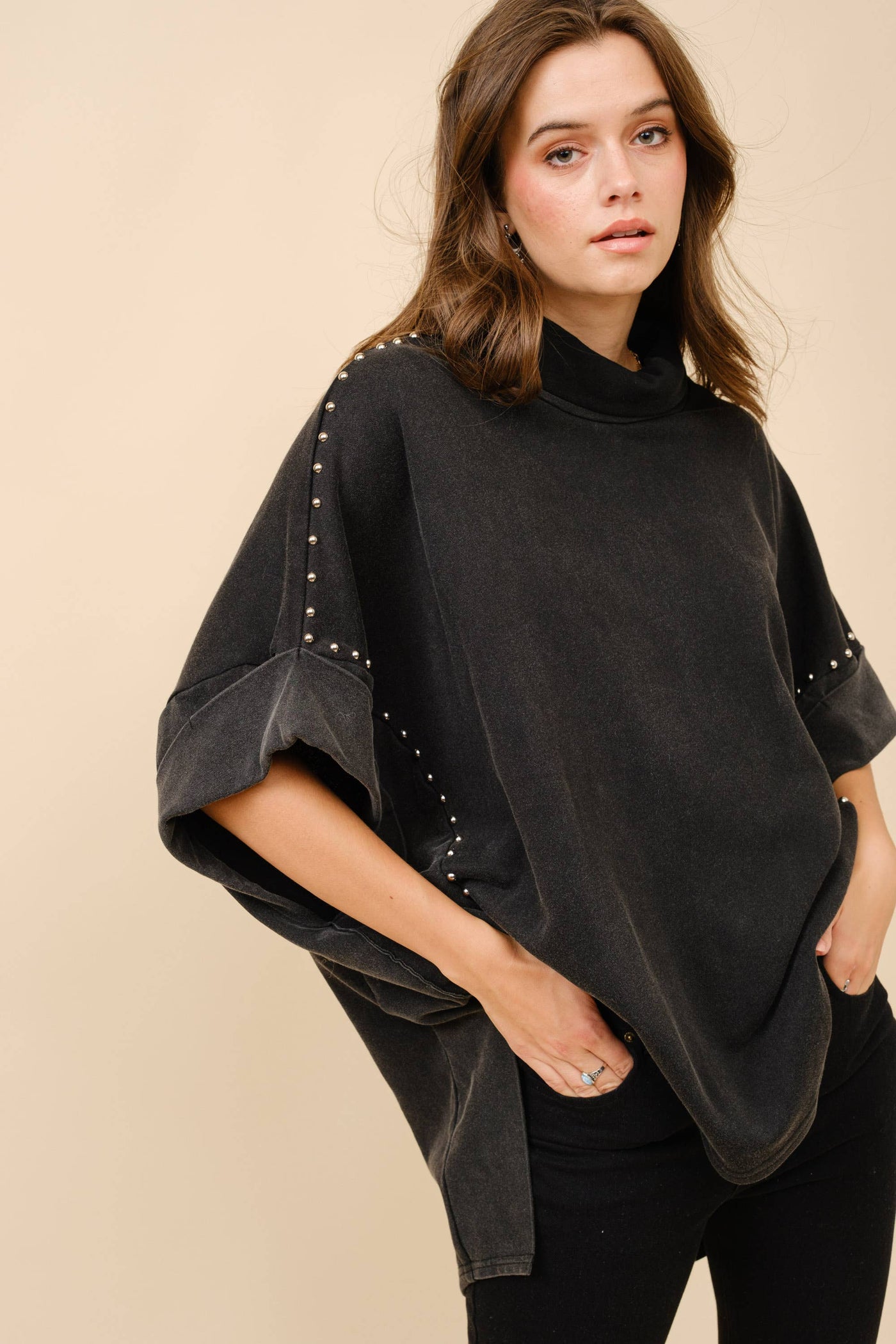 Funnel Neck Studded Dolman Sweatshirt