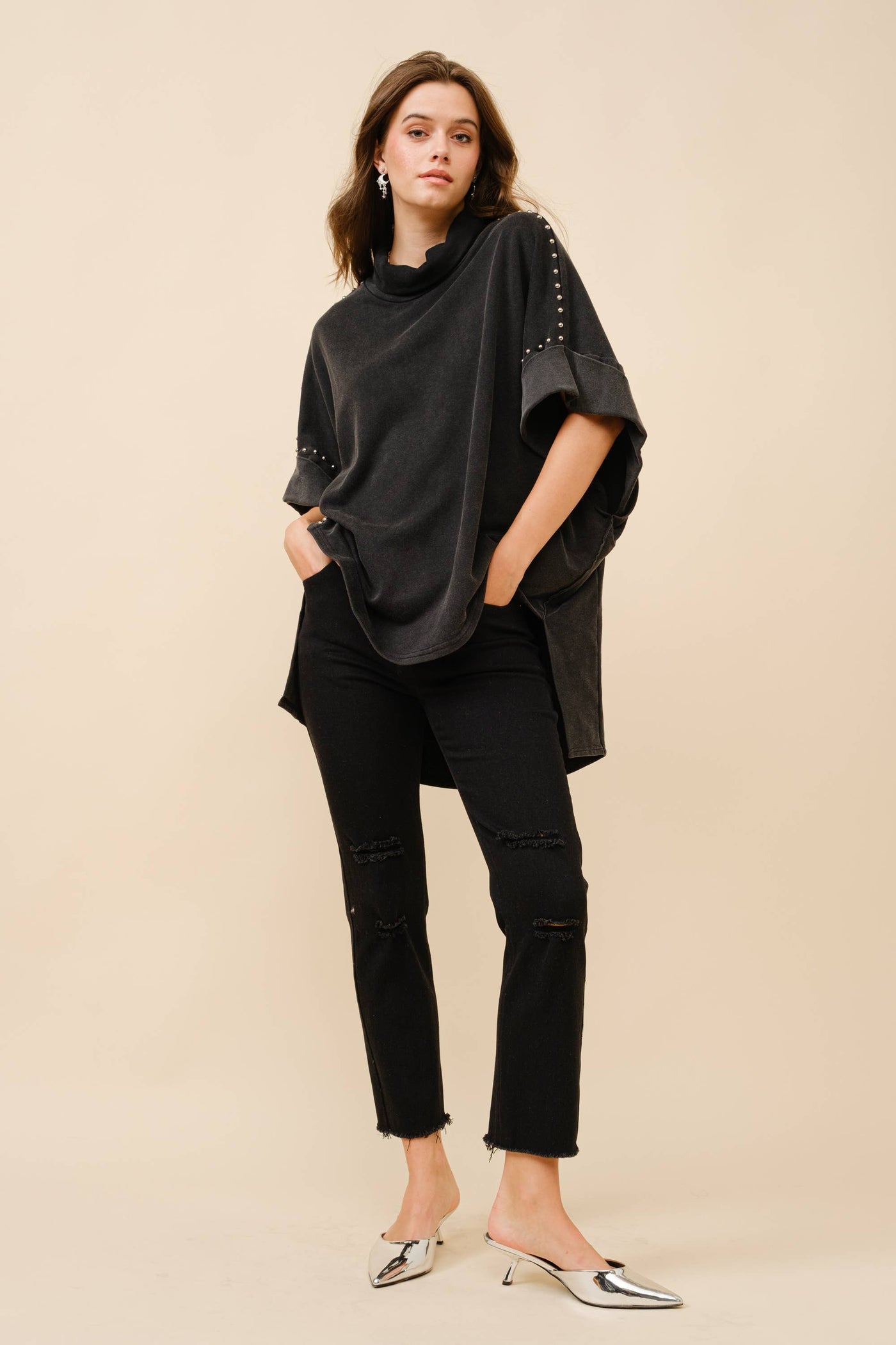 Funnel Neck Studded Dolman Sweatshirt