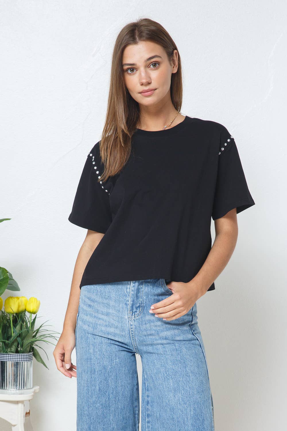 Cotton Studded Short Sleeve Crop Tee