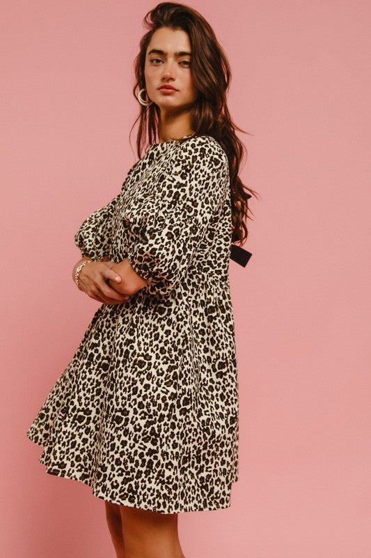 Leopard Denim Dress with Back Contrast Tie Detail