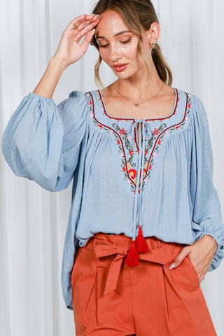 Square Tie Neck With Tassel Embroidered Bohemian Top