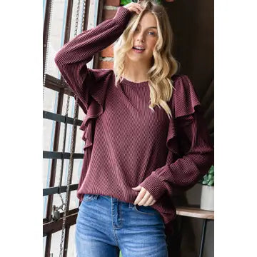 Long Ruffled Sleeve Solid Urban Ribbed Top