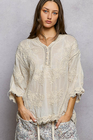 V-Neck Short Sleeve Floral Embroidered Crochet Blouse