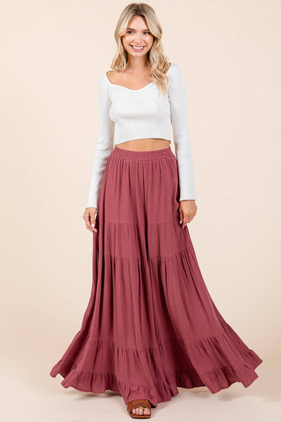 TIERED FLOWY ELASTIC WAIST LINED MAXI SKIRT