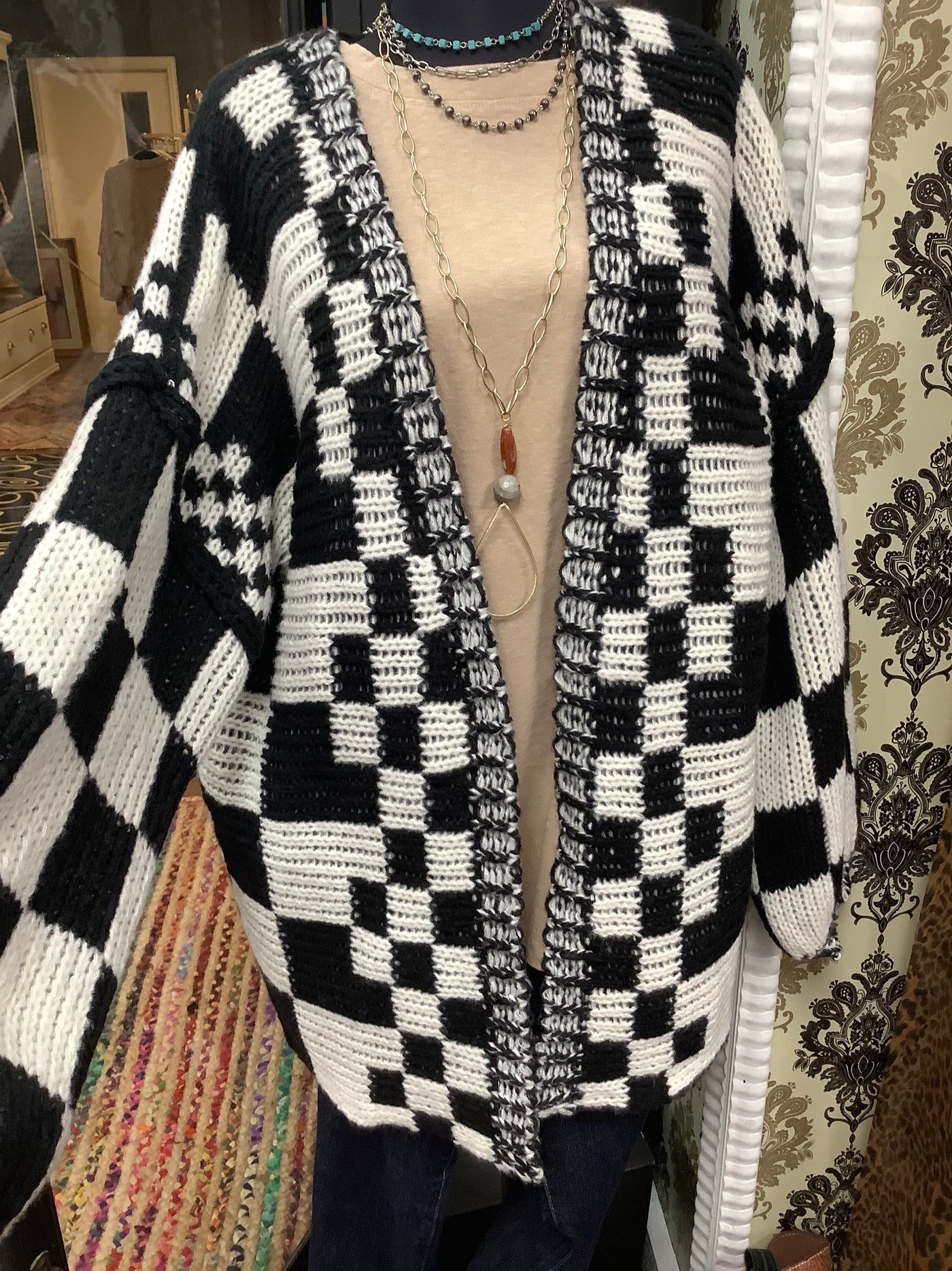 MIXED CHECK PATTERN LOOSE FIT CHUNKY CARDIGAN