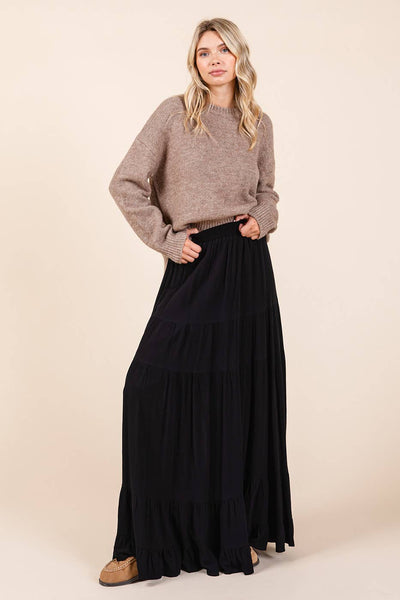 TIERED FLOWY ELASTIC WAIST LINED MAXI SKIRT