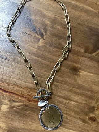 Uppercase Initial Disk Necklace on Toggle Front Chain: T