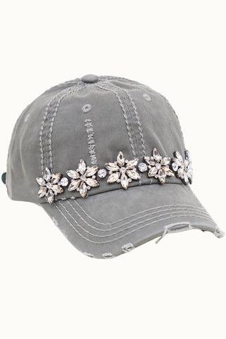 Bejeweled Bling Glitz Distressed Cap, Adjustable