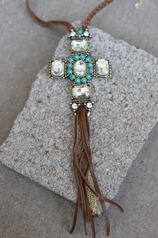 CRYSTAL LARGE CROSS ON BRAIDED NECKLACE
