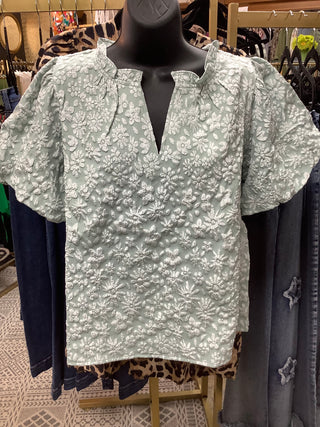 Mint White Puffy Floral Top