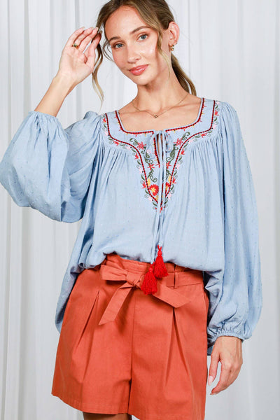 Square Tie Neck With Tassel Embroidered Bohemian Top