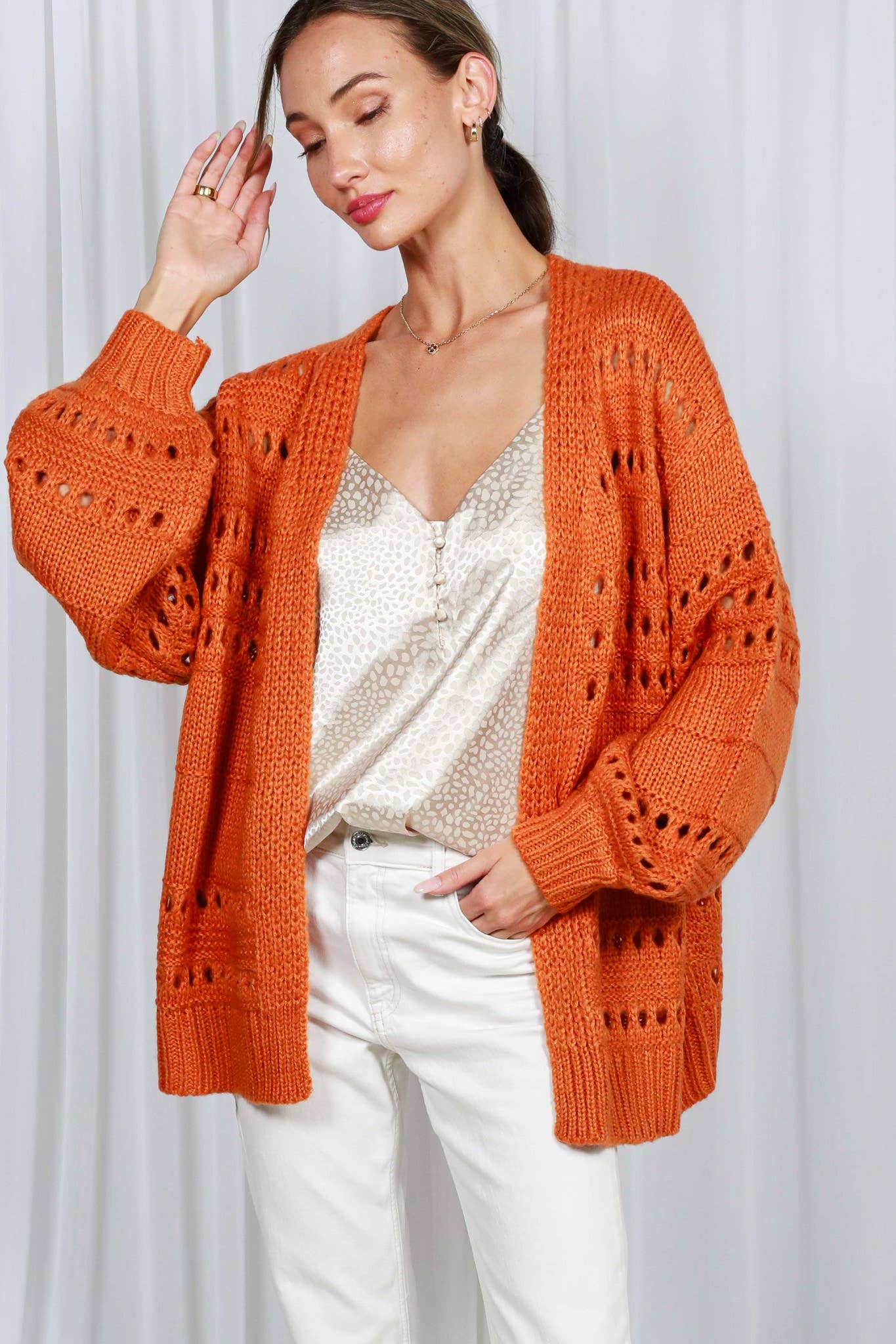 Open Front Balloon Sleeves Knitted Crochet Rust Cardigan