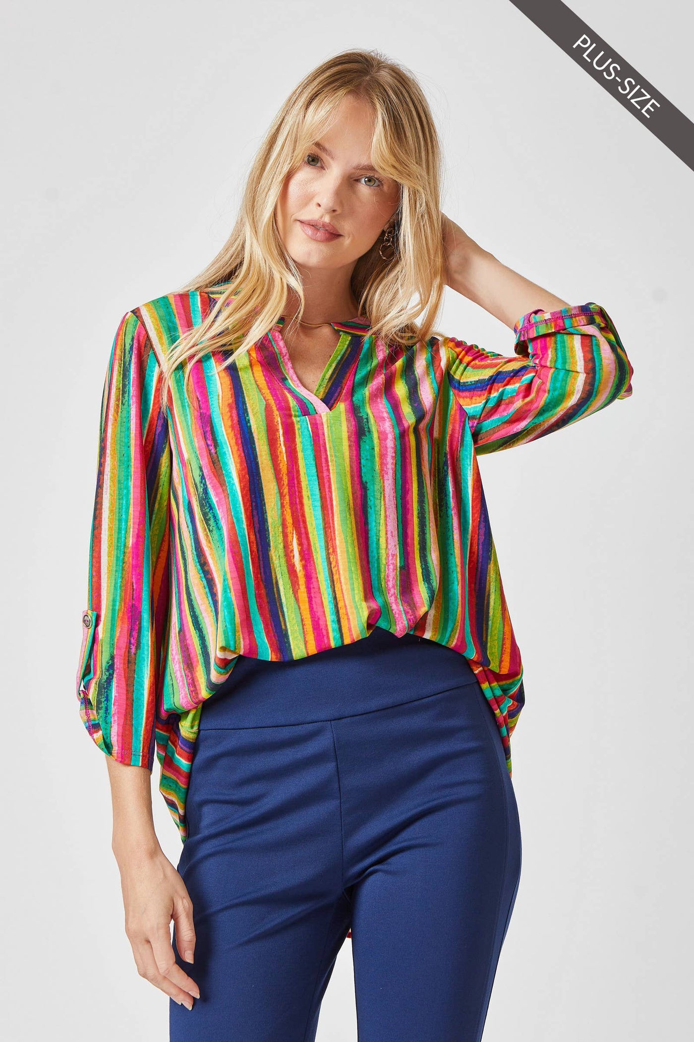 PLUS SIZE Striped 3/4 Sleeve Wrinkle-Free LIZZY Top