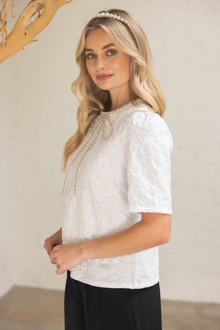 Rhinestone Bow Shape Floral Jacquard Top