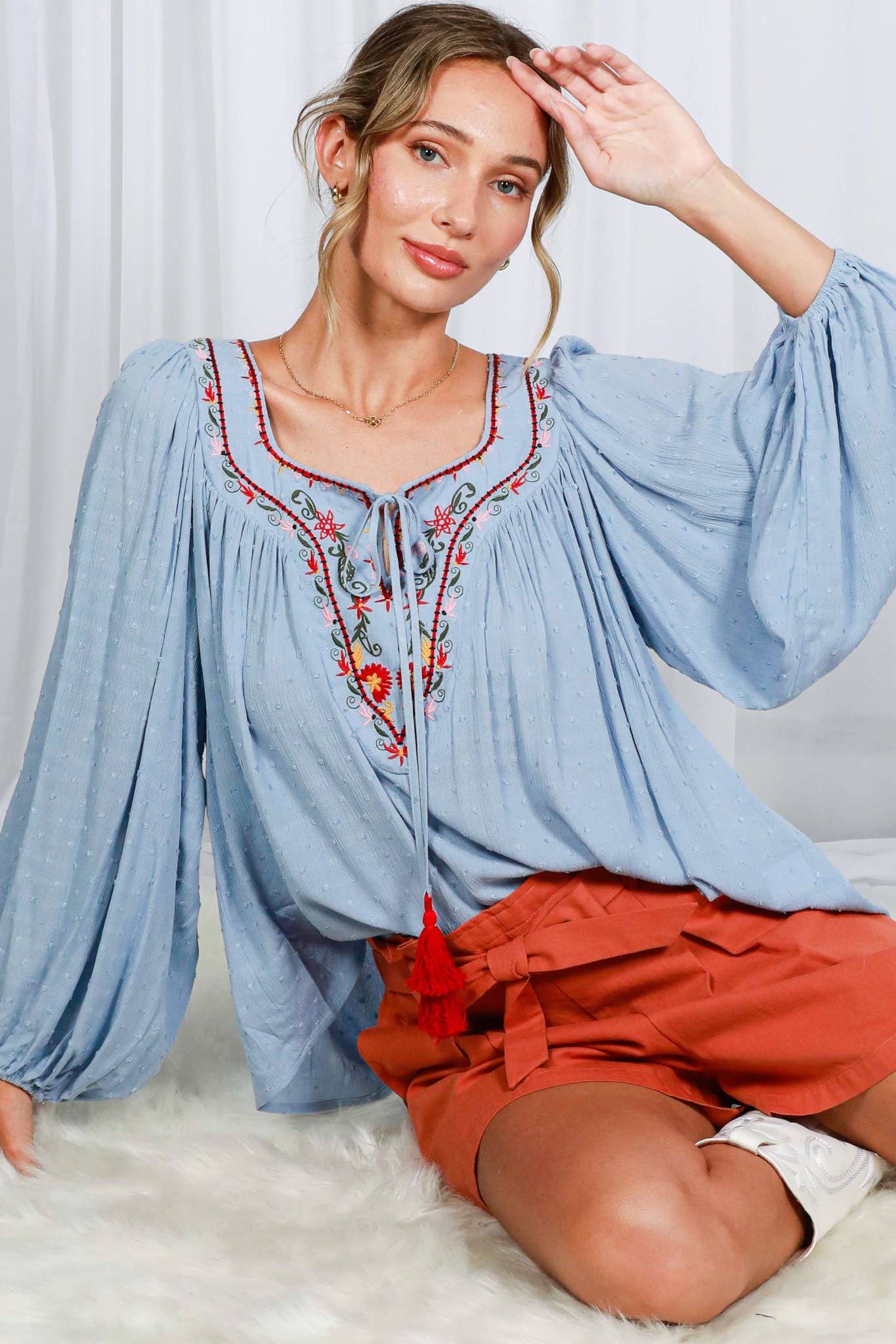 Square Tie Neck With Tassel Embroidered Bohemian Top