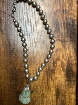 Silver big beaded necklace with large turquoise rock stone