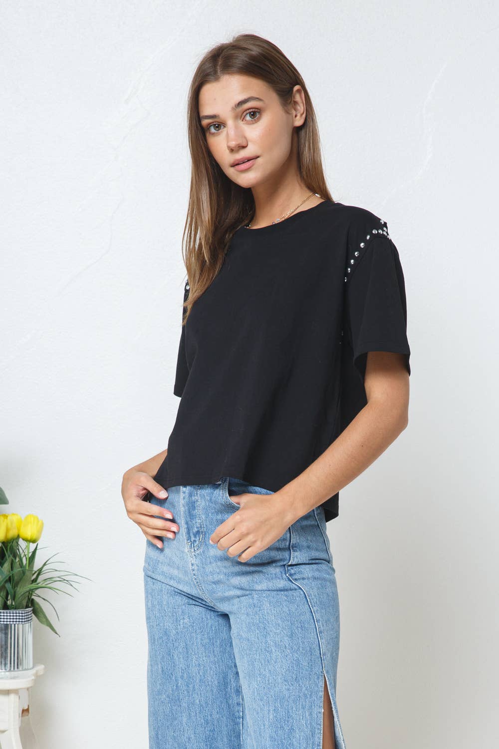 Cotton Studded Short Sleeve Crop Tee