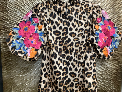 Leopard Blouse with Floral Sleeves