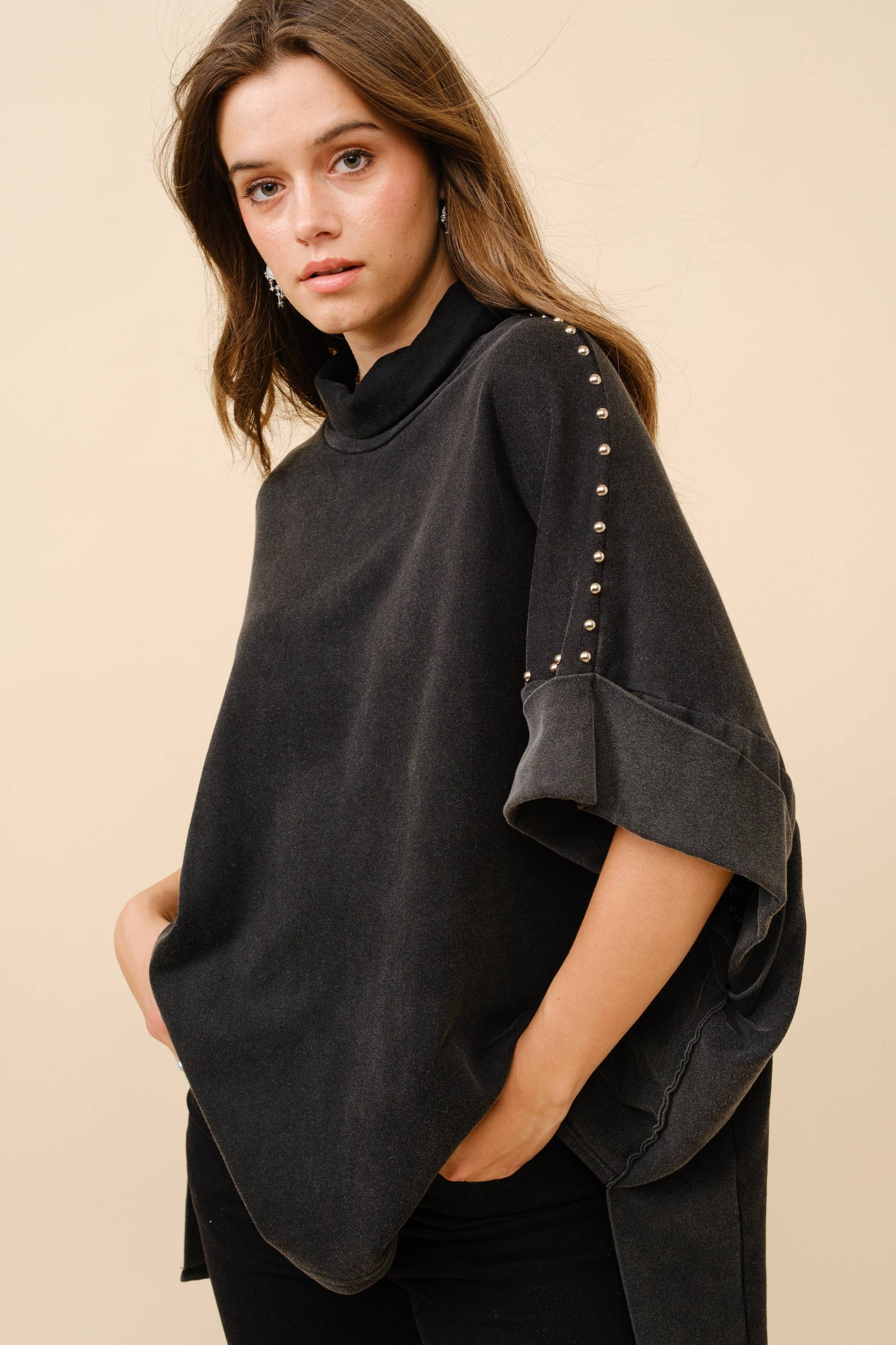 Funnel Neck Studded Dolman Sweatshirt