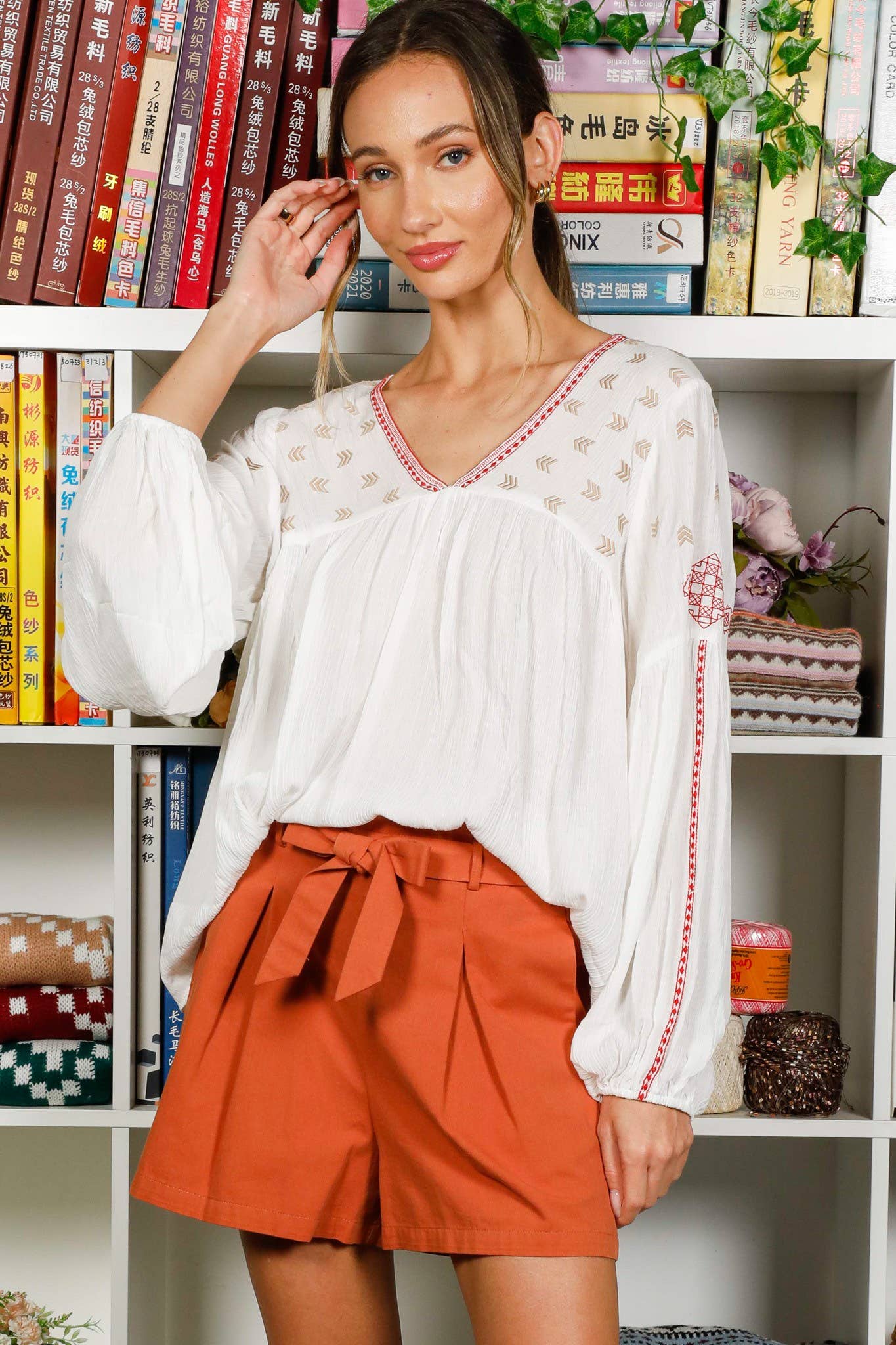 V-Neck Bohemian-Inspired Embroidered Detail Blouse