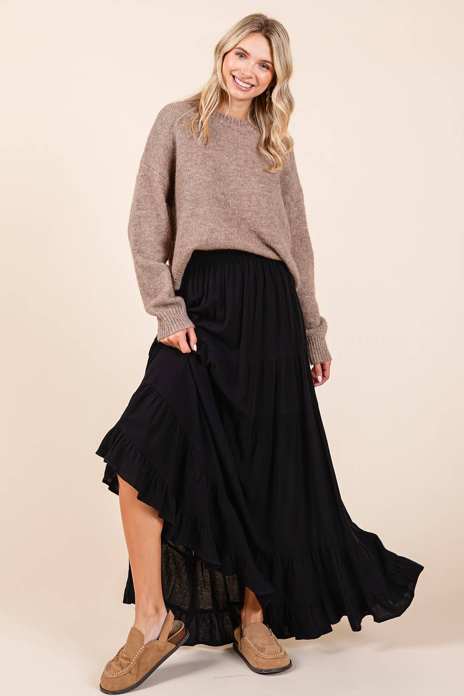 TIERED FLOWY ELASTIC WAIST LINED MAXI SKIRT