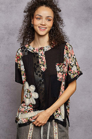 Round Neck Short Sleeve Floral Knit Rib Top