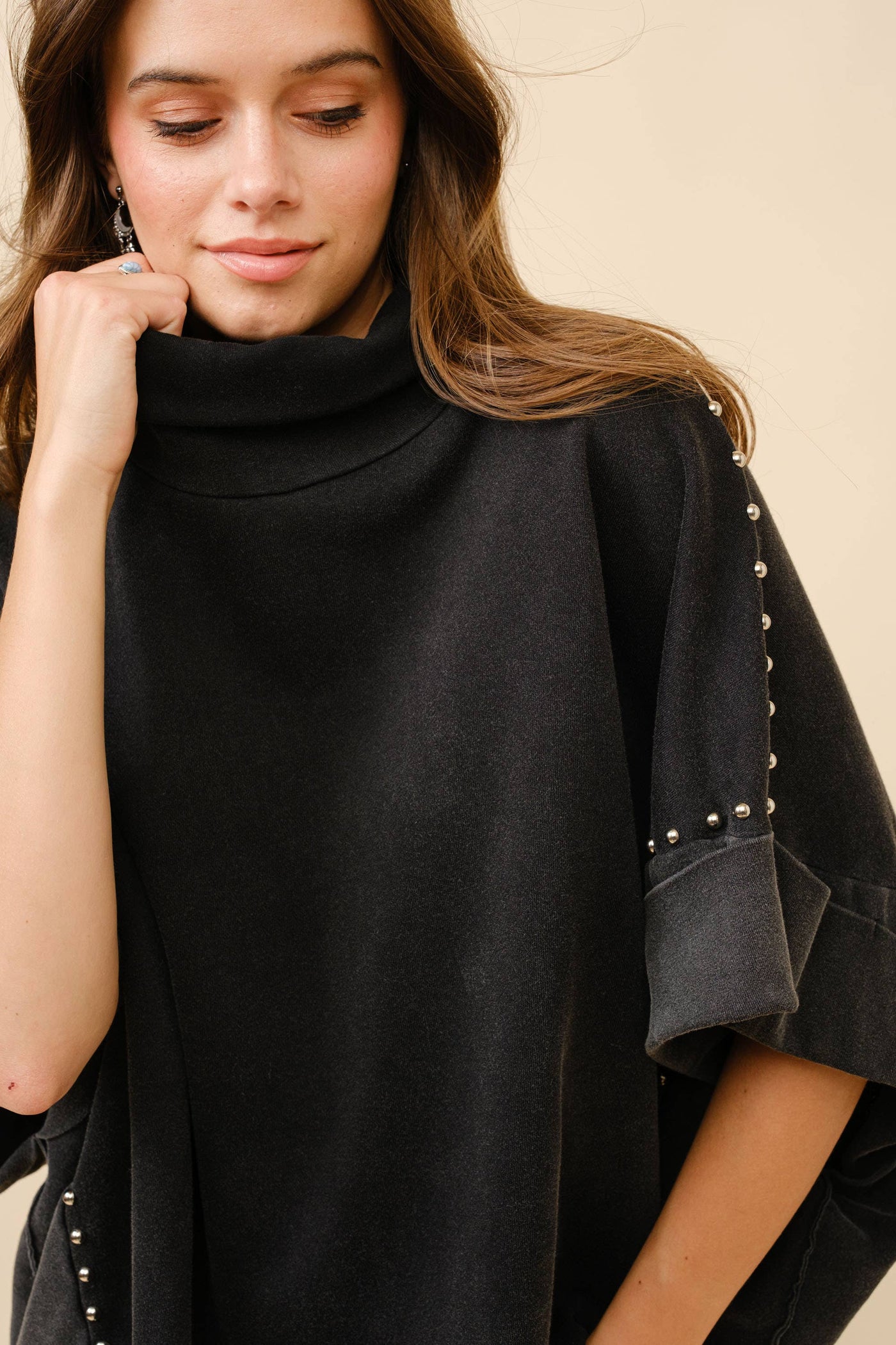 Funnel Neck Studded Dolman Sweatshirt