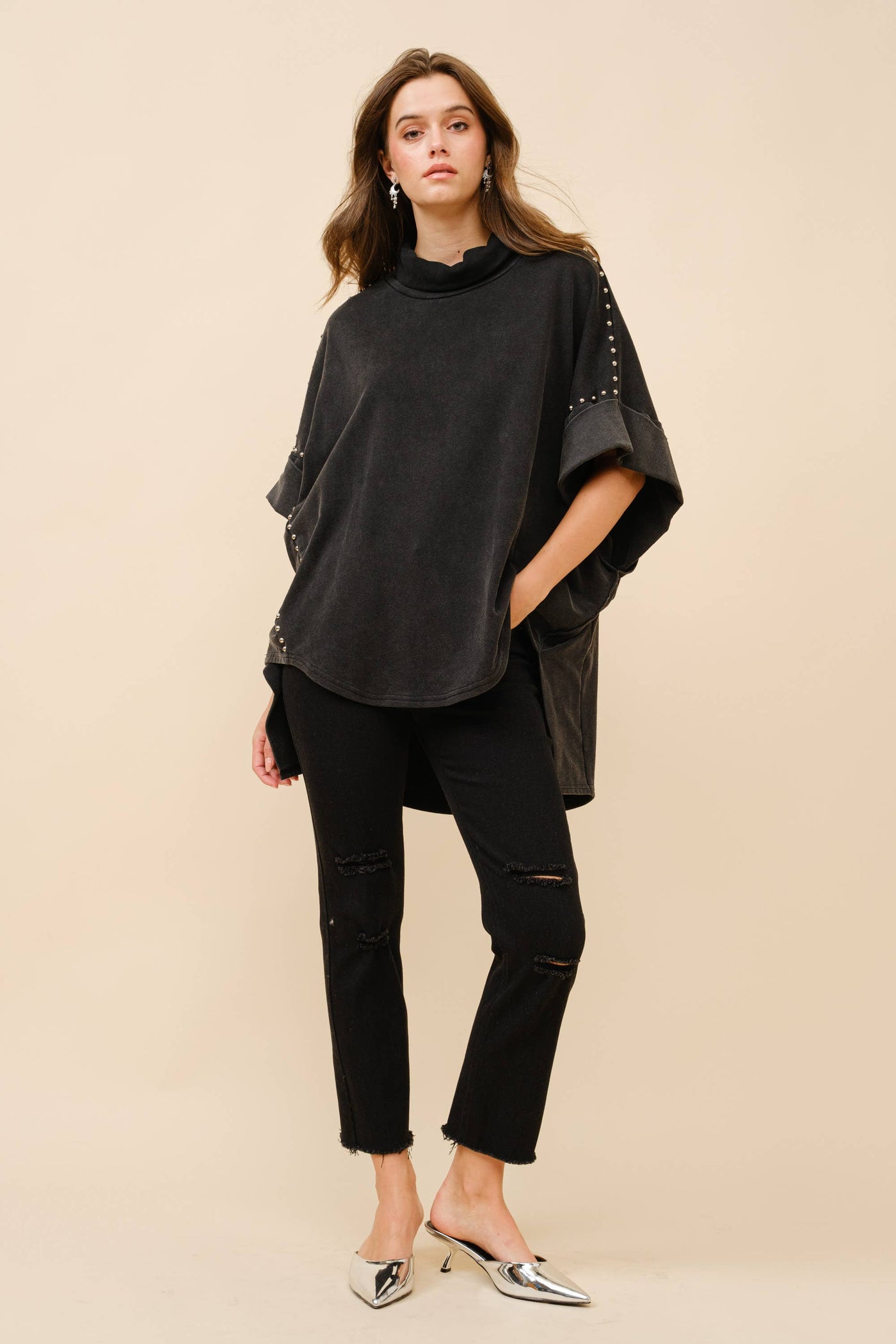 Funnel Neck Studded Dolman Sweatshirt