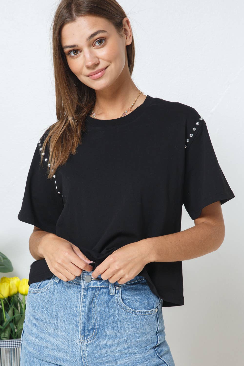 Cotton Studded Short Sleeve Crop Tee