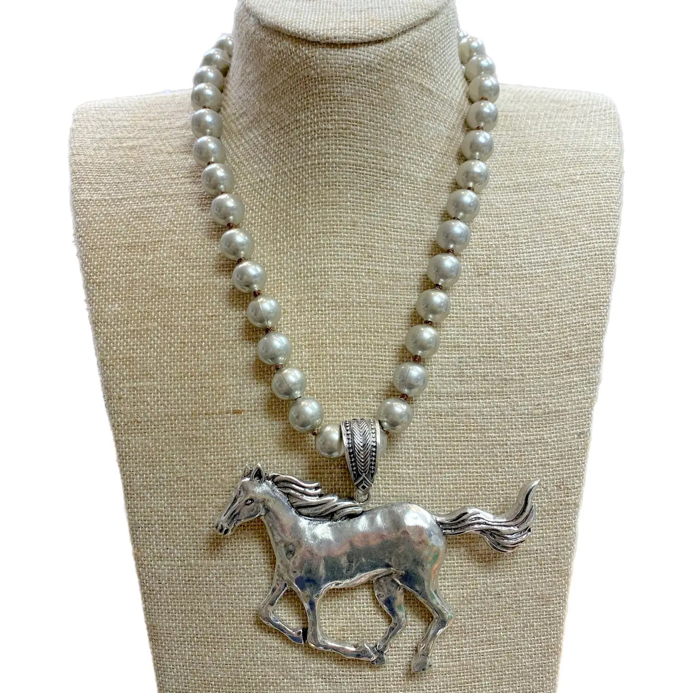 Running Horse Pendant On 12mm Faux Navajo Pearl Necklace