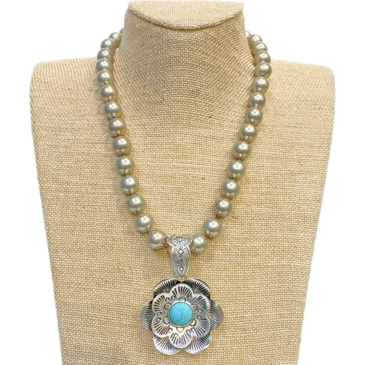 Flower with Howlite Turquoise Pendant On Faux Navajo Pearls