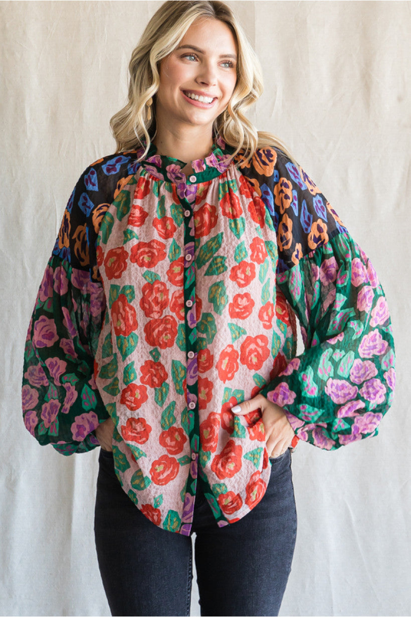 Colorblock Flower Print Plus Size Top