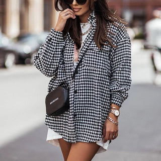 Stylish Houndstooth Long-Sleeved Shirt Jacket