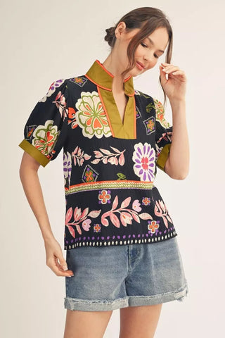 Short Puff Sleeves Boho Floral Top