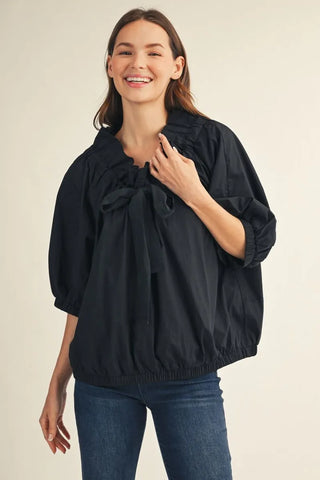 Drop Soulder Drawstring Neckline Woven Top with Ruffle Detail