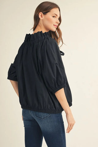 Drop Soulder Drawstring Neckline Woven Top with Ruffle Detail