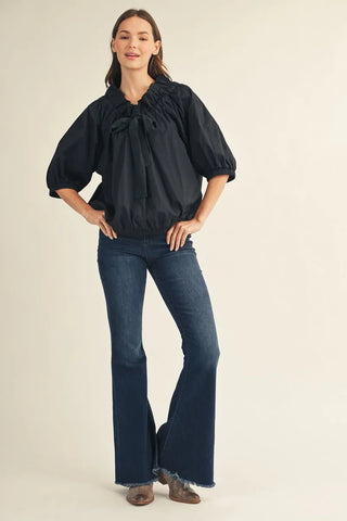 Drop Soulder Drawstring Neckline Woven Top with Ruffle Detail
