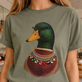 Jeweled Collar Mallard Duck On Military Green Crew