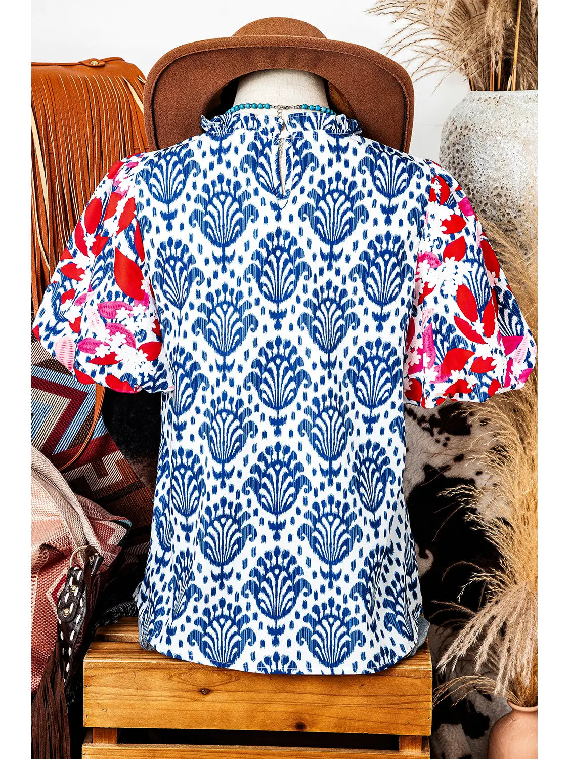 Floral Puff Sleeve Frill Neck Blouse