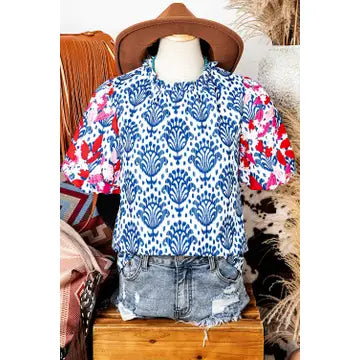 Floral Puff Sleeve Frill Neck Blouse