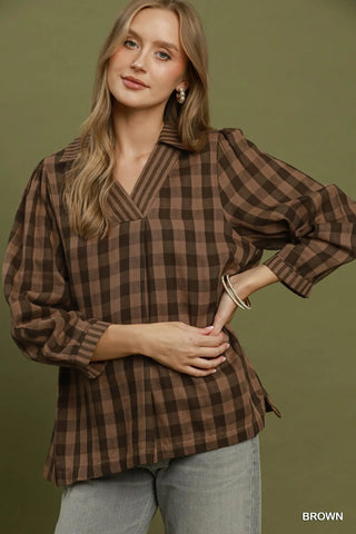 Brown Checkered Collared V-Neck Blouse