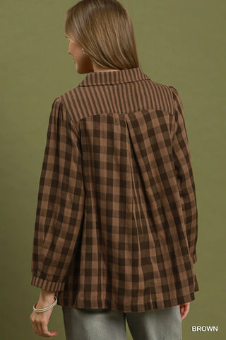 Brown Checkered Collared V-Neck Blouse