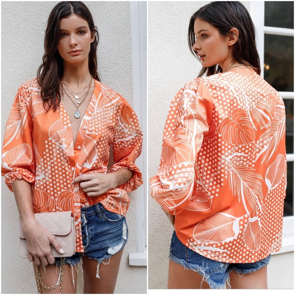 Casual Orange Color Print Blouse